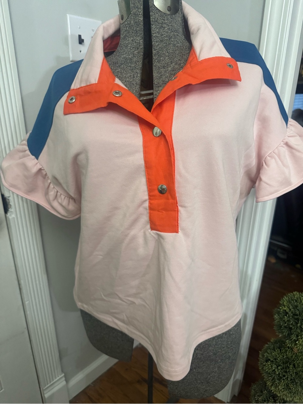 Women’s Pink Colorblock Polo Top with Orange Placket by VOY Large